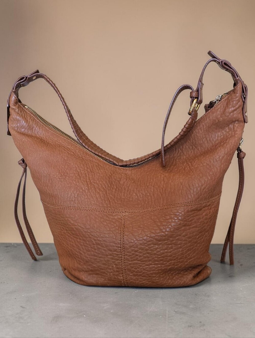 Kooba Hobo Slouch Bag Brown Boho Distressed Pebbled Leather Size Zip Vintage